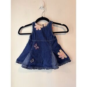 Vintage Sesame Street Denim JumperDress 12m Plaid Flower Butterfly Baby Girl Y2K